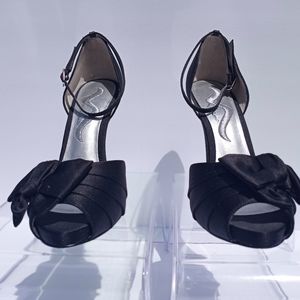 Nina Black Satin Peep Toe Heels (Size 7)